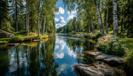 Tranquil woodland stream mirrors the vibrant sky and dense vegetation, evoking calmness and natural...
