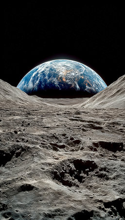 A distant viewpoint over jagged lunar plains reveals our blue planet against a vast, star-studded abyss, emphasizing solitude and cosmic wonder.の写真素材