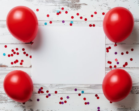 Red balloons and confetti on white wooden card mockup, perfect for creative text or design placementの写真素材