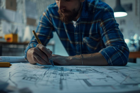 Male civil engineer using generative ai on blueprint project remotely for construction site