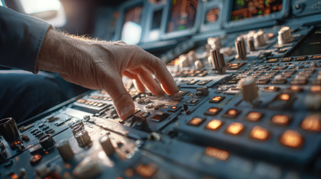 A focused pilot fine-tunes flight instruments mid-air, surrounded by illuminated controls and screens, conveying precision and calmness during a journの写真素材