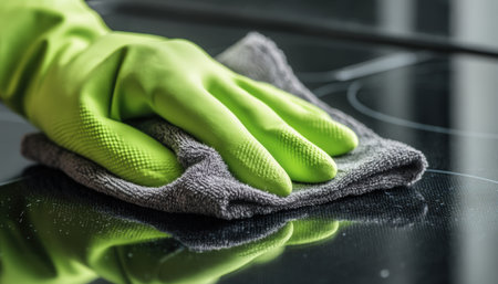A homemaker wearing vibrant green gloves delicately wipes a shiny glass cooktop with a soft gray cloth, creating a spotless, glaming surface in a modの写真素材
