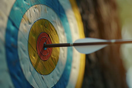 Extreme close up of bullseye target and arrow with generous area for convenient text placement