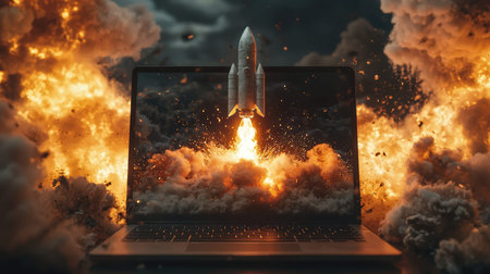 A dynamic computer scene illustrating innovative growth, with a futuristic rocket propelling upward...