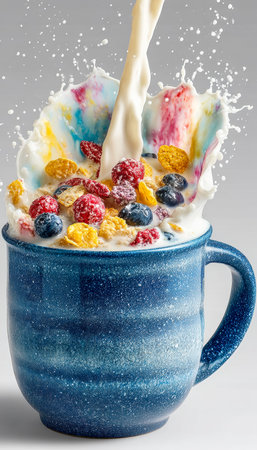 Creamy milk cascades into a vibrant mix of cereal and fresh berries, creating a lively splash in a...