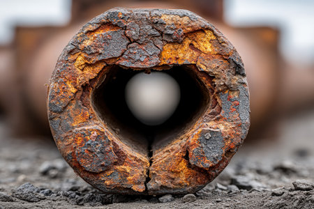 Rusted iron pipe featuring a romantic heart-shaped opening rests on rough gravel, evoking themes of resilience and tender nostalgia.の写真素材