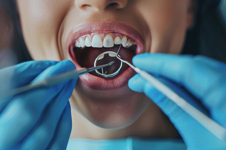 Precision dental examination of young woman with tools in clinic by professional dentist
