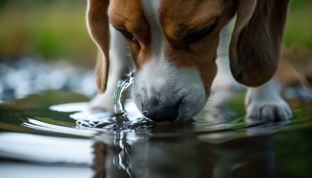 Detailed close up of a beagle dog drinking water in high quality for viewing detailsの写真素材