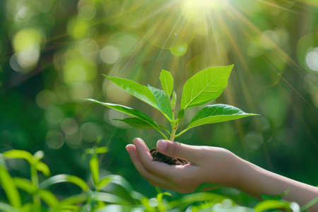 Female hand holding seedling on earth day forest conservation concept in nature field