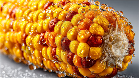 Vibrant kernels in blues, purples, yellows, and reds glisten with morning dew, accented by icy frost, evoking freshness and coolness in a rustic settiの写真素材