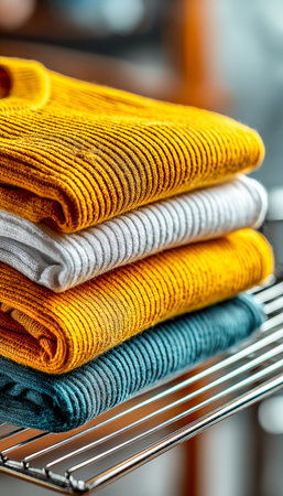 Vibrant corduroy sweaters arranged in precise layers on a sleek metal rack, exuding cozy charm and modern style for casual or boutique displays.の写真素材