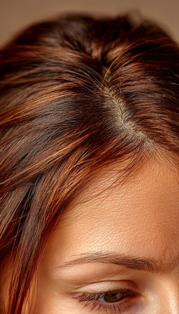 An intimate view highlighting the rich texture of a womanâs scalp and hair, emphasizing wellness and proper hair health in a gentle, inviting style.の写真素材