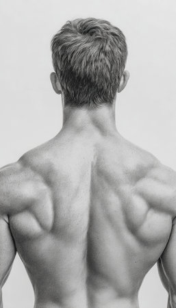 A powerful silhouette emphasizing broad shoulders and sculpted upper muscles, captured in monochrome to highlight strength and athleticism.の写真素材