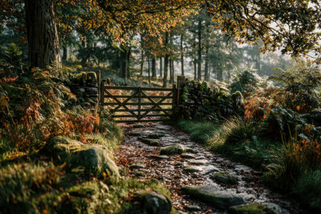 A peaceful woodland trail bordered by vibrant fall leaves, featuring a rustic wooden gate bathed in gentle dawn light, evoking serenity and natural chの写真素材