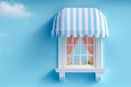 A playful room features a vibrant blue wall, charming striped awning in shades of blue and white, and fluttering pink curtains framing a sunny window.の写真素材