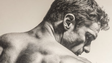 A monochrome image capturing a man with unkempt curls gazing downward, evoking introspection, with soft light emphasizing his pensive mood and definedの写真素材