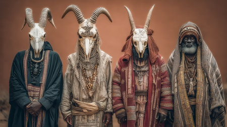 Elderly African leaders adorn vibrant attire and formidable skull masks, embodying ancestral spirits during a ceremonial gathering filled with reverenの写真素材