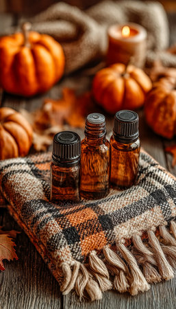 Warm amber candlelight illuminates harvest pumpkins and soothing essential oils, creating an inviting fall ambiance for relaxation or spa moments.の写真素材