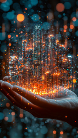 A city skyline with luminous buildings rises from an open palm, illuminated with vibrant lights amid blurred bokeh for a visionary urban concept.の写真素材