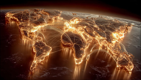 A luminous world map highlighting major cities at night, depicting interconnected digital pathways...