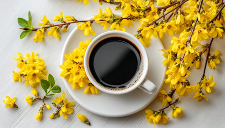 A steaming dark brew rests amidst vibrant yellow flowers, creating a fresh, inviting scene perfect for coffee or springtime lifestyle themes.の写真素材