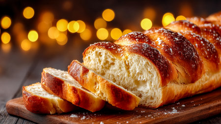 A rustic wooden board displaying a hearty, golden-brown loaf with tender slices, illuminated by cozy, blurred bokeh lights creating inviting warmth.の写真素材