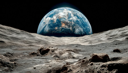 A distant view of Earth rising over jagged lunar terrain, showcasing a desolate moon surface with sharp rocks and a hazy, colorful planet looming in sの写真素材