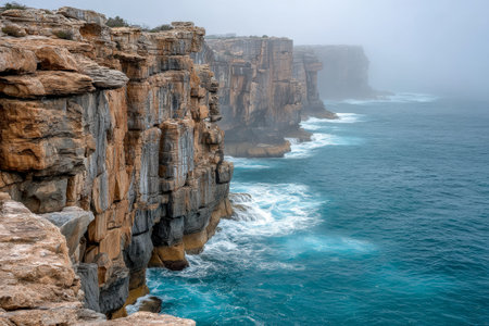 Towering sea bluffs loom over tumultuous waters as foamy breakers collide, blending misty skies and vibrant spray in a powerful coastal sceneの写真素材