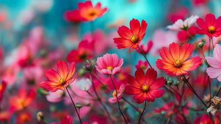 Brightly hued cosmos blooms organize in a lively cluster, set against a gentle, blurred backdrop creating a dreamy, cheerful atmosphere.の写真素材
