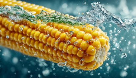 Vibrant yellow corn cobs bask in clear water, creating lively splash effects that evoke freshness, purity, and summer harvest brightness.の写真素材