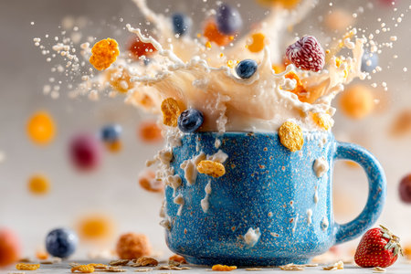 A lively breakfast scene with crisp cereal, fresh berries, and a splash of milk erupting from a vibrant blue mug, evoking freshness and energy.の写真素材