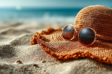 A wide-brimmed straw hat paired with stylish sunglasses rests on golden sand, overlooking azure waves under a bright, sunlit sky.の写真素材