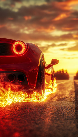A sleek, high-performance vehicle roars along a winding road, leaving fiery streaks behind as the sun dips below the horizon, evoking speed and energyの写真素材