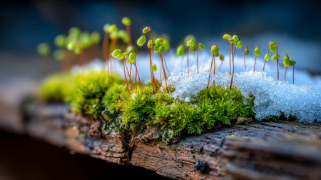 Soft moss and miniature greenery thrive on aged, rain-worn timber, contrasting fresh sprigs with remnants of winter's chill on a tranquil, textured suの写真素材