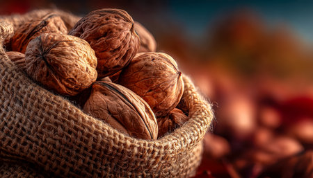 Textured fabric backdrop highlights a rustic woven basket filled with earthy walnuts, creating a cozy, inviting mood ideal for culinary and health theの写真素材