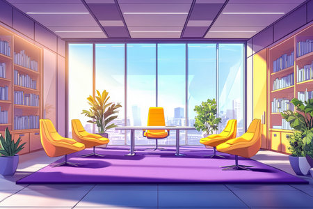 Bright contemporary workspace featuring vibrant yellow seating, expansive glass walls, lush greenery, and a panoramic cityscape view enhancing productの写真素材