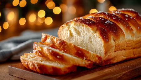 Warm ambient glow highlights a freshly sliced, golden-brown sweet bread on rustic wood, evoking cozy...