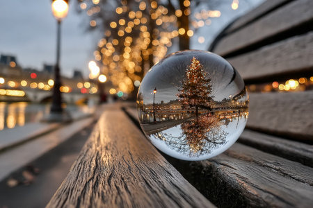 A festive scene captures shimmering holiday tree reflections and urban lights inverted within a glass globe, resting on a park bench at twilight.の写真素材