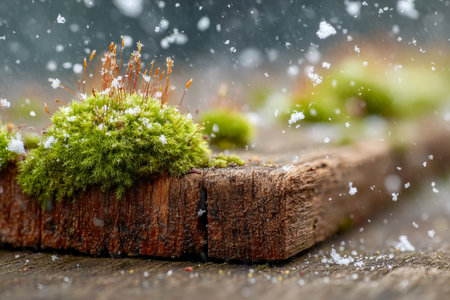 Lush green moss envelops aged wood, while delicate snowflakes descend, creating a serene blend of winter's chill and nature's resilience.の写真素材