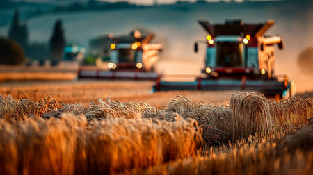 Two sleek, contemporary grain harvesters glide through a golden wheat expanse bathed in warm sunset hues, capturing a scene of efficient farming at duの写真素材