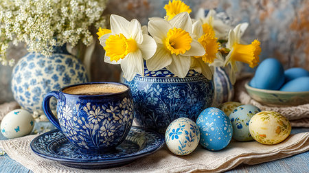 Elegant arrangement featuring vintage blue and white ceramic pieces, pastel-hued eggs, vibrant daffodils, and a steaming cup of coffee, exuding springの写真素材