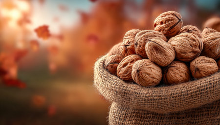 Rustic burlap sack brimming with fresh walnuts, set against a softly blurred backdrop of colorful fall leaves and warm seasonal hues.の写真素材