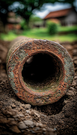 A weathered, corroded pipe rests on earthy ground amid a backdrop of lush foliage and distant homes, capturing rustic decay and quiet rural charm.の写真素材