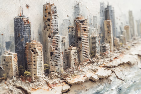 A tiny desolate metropolis with crumbling high-rises and decaying roads, evoking themes of neglect, decay, and urban decline.の写真素材