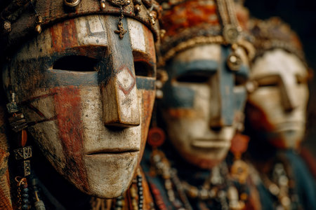 Vibrant handcrafted masks showcase detailed beadwork and bold hues, evoking cultural heritage and artistic craftsmanship of indigenous communities.の写真素材