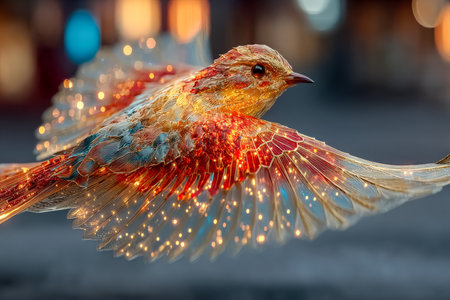 Vibrant digital illustration of a luminous bird with shimmering, multicolored plumage set against a soft, blurred light-filled backdrop.の写真素材