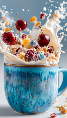 Colorful cereal with fresh berries creates a vibrant milk splash in a blue ceramic mug, evoking a lively breakfast mood perfect for breakfast ads or fの写真素材