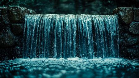 A gentle cascade flows over rugged stones amid lush greenery, creating a peaceful ambiance in a...
