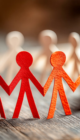 Vibrant paper silhouettes in red and orange form a circle of unity, with soft beige figures in the backdrop symbolizing community and connection.の写真素材