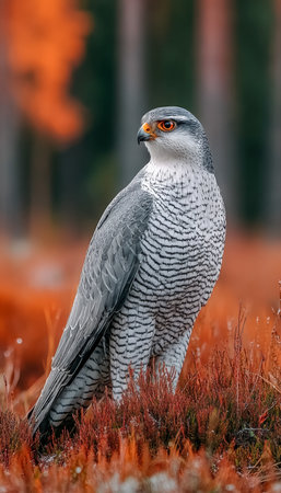 A fierce avian predator's piercing gaze amid colorful fall foliage, highlighting intricate feather patterns and the rich hues of autumn nature.の写真素材